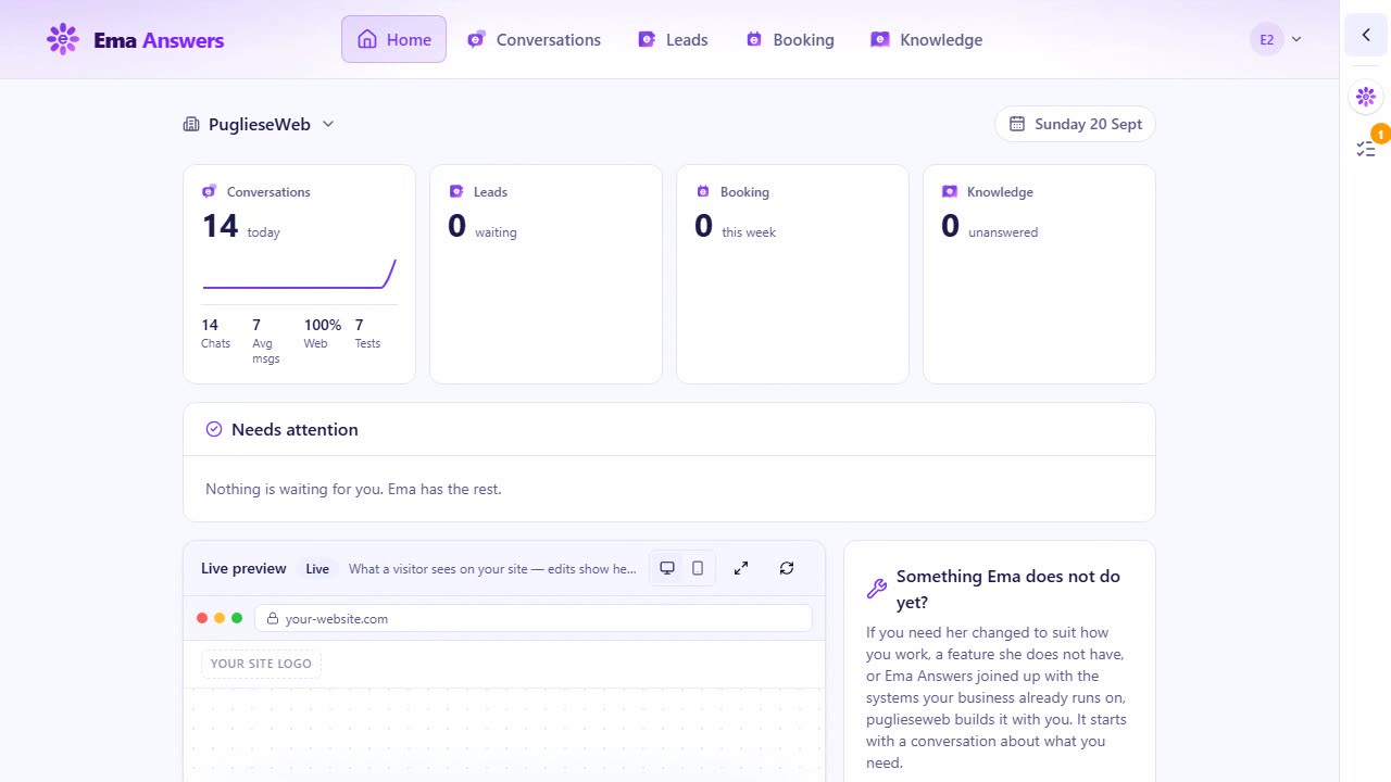 The Ema Answers console, showing a conversation and the leads it captured