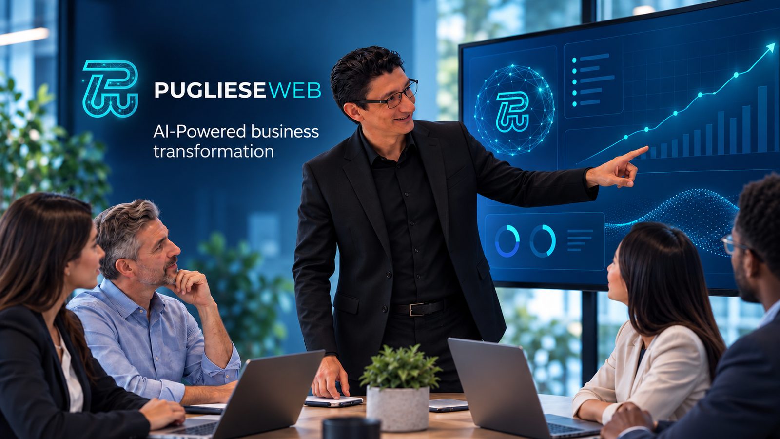Emanuele Pugliese presenting an AI-powered business transformation plan to a client team, pointing at a screen of rising growth charts.